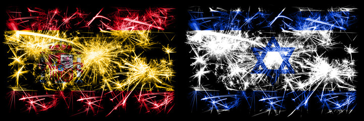 Spanish vs Israel, Israeli New Year celebration sparkling fireworks flags concept background. Combination of two abstract states flags.
