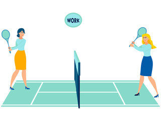Office workers play tennis. Throwing work. In minimalist style Cartoon flat raster