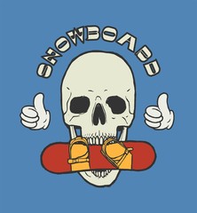 Skull with a snowboard in it's teeth with a two thumbs up on both sides.