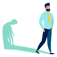 Fototapeta premium Appearance does not match the state. The face is joyful, the body is tired. Flat style. Cartoon raster