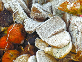 frost on pieces of discarded bread