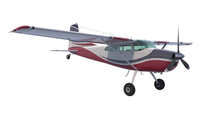 Light aircraft isolated on white background. Bush plane. 3D rendering. Propeller driven single engine aircraft for transporting people and cargo to hard to reach places.