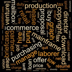 Tag cloud abstract illustration collage. Terms - business and office. Colors: gray, beaver, manatee, outer space, shadow.