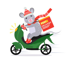 A funny rat in a Santa Claus costume provides fast and free delivery on a scooter in a box.