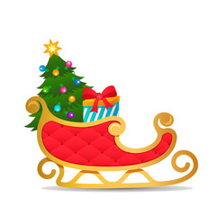 Gold and red sleigh Santa Claus with gifts and a Christmas tree with a garland on a white background.