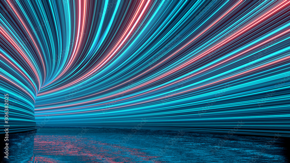 Poster 3d rendering of curved tunnel with led glowing lights on ceiling and reflection from puddle on wet d