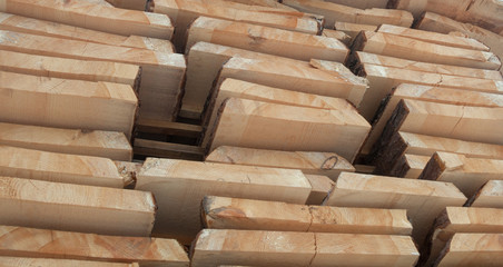 Wooden planks. Air-drying timber stack.