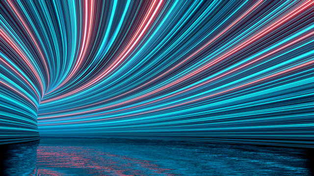 3D Rendering of curved tunnel with led glowing lights on ceiling and reflection from puddle on wet dark street surface. Concept for fast business technology, car advertising background © knssr