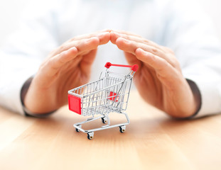 Shopping cart protected by hands. Secure purchase concept.