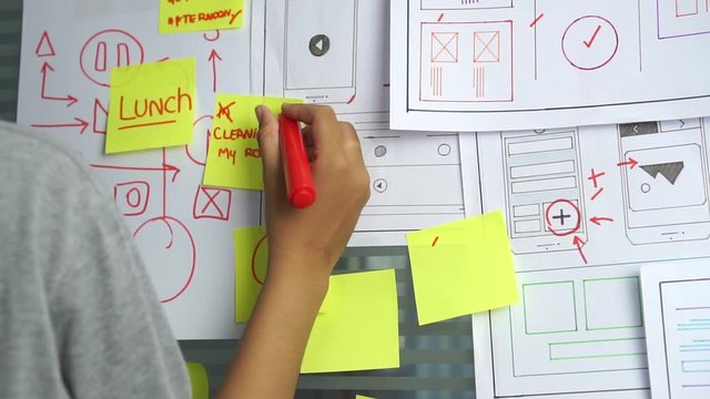 woman design engineer for ux architect template framework layout developer project mobile application on wall paper work in office with pen. Planning of development in program website interface ideas