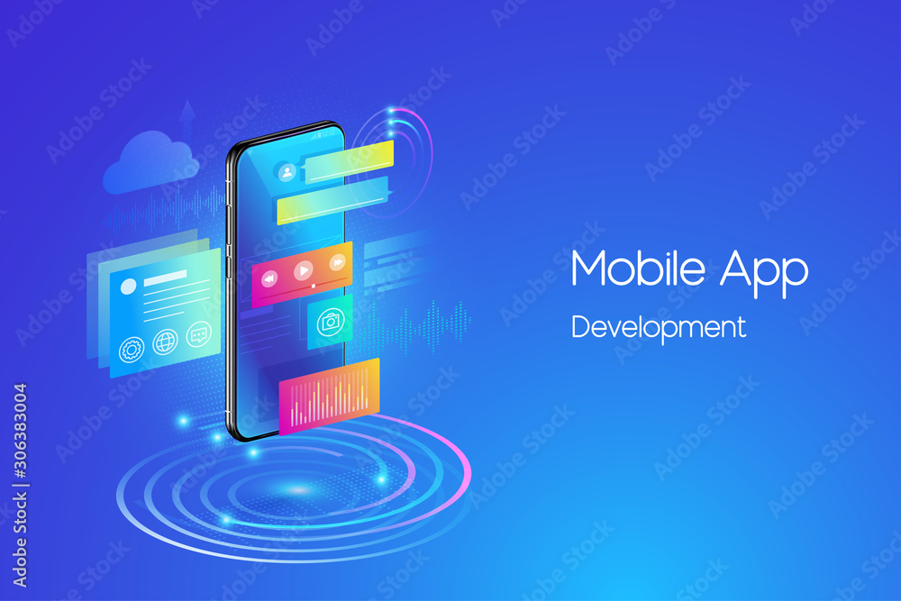 Poster mobile applications development concept. isometric smartphone with futuristic ui and layers of appli