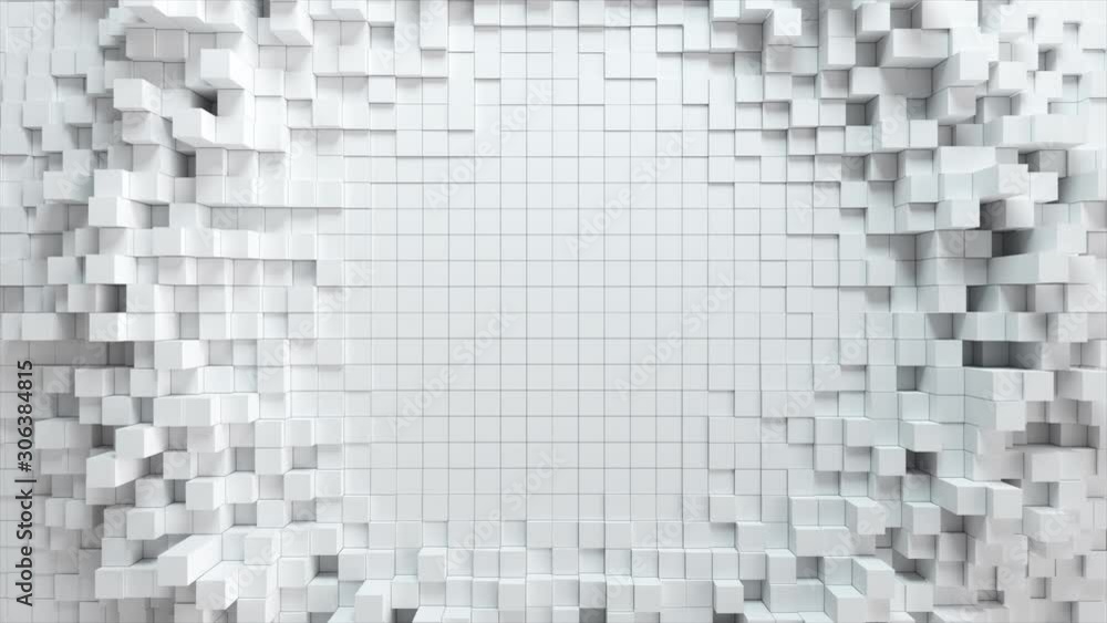 Poster abstract wave background with moving white cubes. geometric concept with random boxes or columns. mo