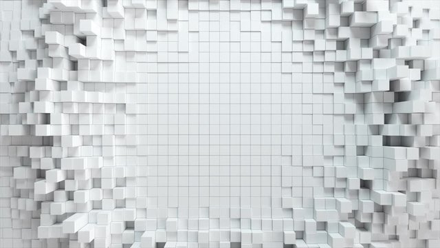Abstract wave background with moving white cubes. Geometric concept with random boxes or columns. Motion design template. Seamless loop 4k 3d render. Technology composition. Radial ripple.
