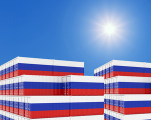 Container yard full of containers with flag of Russia Flag. 3d illustration.