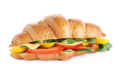 Tasty vegetarian croissant sandwich isolated on white