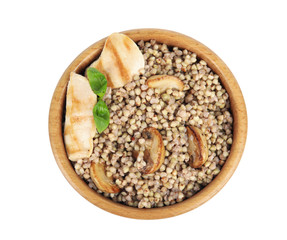Tasty buckwheat porridge with meat isolated on white, top view