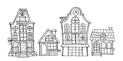 Contour drawing of houses, isolated background. Vector, stock, illustration. Hand drawing, set. contour coloring for children's books.