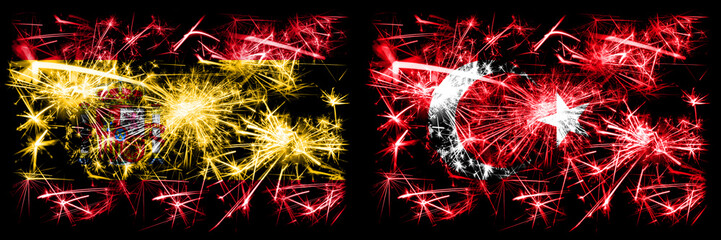 Spanish vs Turkey, Turkish New Year celebration sparkling fireworks flags concept background. Combination of two abstract states flags.