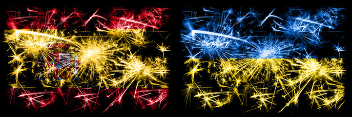 Spanish vs Ukraine, Ukrainian New Year celebration sparkling fireworks flags concept background. Combination of two abstract states flags.