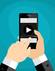 Hand holding smartphone with video player on the screen. Movie app concept. Vector flat illustration.