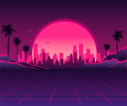 Retro 80s Wave Space, 1980s Retro Futuristic Style Background, Digital Landscape In The Cyber World. For Use As A Cover For A Music Album. Suitable For Any 80s Style Print Design.