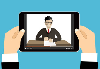 Hands holding tablet with video online training on the screen. Vector flat illustration