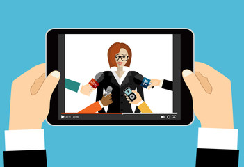 Hands holding tablet with video with live tv hands of journalists microphones interview. Vector flat illustration.