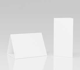 Promotional table talker isolated on white background with clipping path, mockup template paper tri-fold vertical triangle cards with reflections. white sheets front & left and right view. 3d render