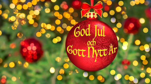 Christmas Greetings in Swedish. New Year wishes in red Christmas ball "God jul och gott nytt ar". Blurred background of fir tree decorated with bright golden lights, toys, illumination Bokeh. Postcard