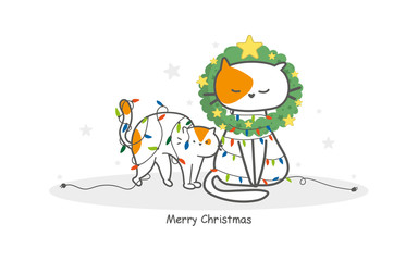 Funny new year cat, with garland, Merry christmas, best holiday with kitty, mom and son, happy 2020