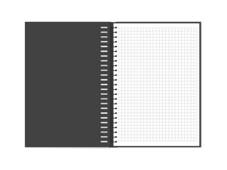 Vector illustration of open block note with square grid. Empty notepad with copy space isolated on white. Blank notepaper can be used as a mock up, background or template. Eps 10.