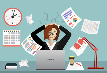 Stress at work concept flat illustration. Stressed out women in suit with glasses, in office at the desk. Modern design for web banners, web sites, printed materials, infographics. Flat vector.