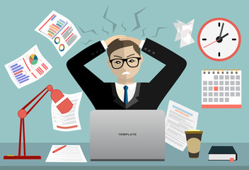 Fototapeta na wymiar Stress at work concept flat illustration. Stressed out men in suit with glasses, in office at the desk. Modern design for web banners, web sites, printed materials, infographics. Flat vector.