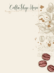 Vector menu for Coffee shop with a place for price list, with a hand-drawn sprig of coffee tree, coffee beans and handwritten inscriptions on a light abstract background with illegible notes and blots