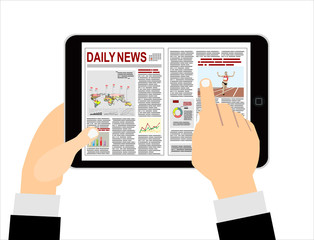 Cartoon businessman clicks on the newspaper on a tablet computer. Top view. Vector illustration in flat design