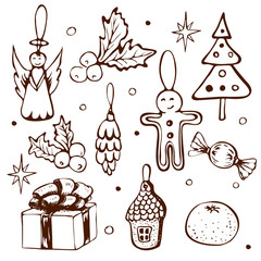 hand drawn christmas doodle clipart set. xmas or new year outline sketched ink icons isolated on white. Vintage illustration of winter holidays decorative elements giftbox, holly fir tree angel.