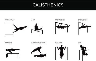 Calisthenic silhouettes set isolated on white. Male athlete doing human flag, planche, front lever, back lever, L-sit, clapping pushups, pull ups and dips. Street workout and gym own weight exercises. - obrazy, fototapety, plakaty