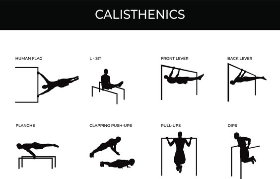 Calisthenic silhouettes set isolated on white. Male athlete doing human flag, planche, front lever, back lever, L-sit, clapping pushups, pull ups and dips. Street workout and gym own weight exercises.