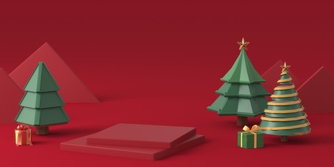 3d rendering Christmas tree with podium in red background