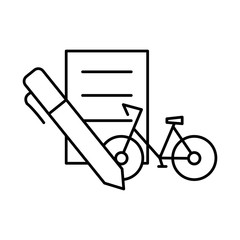 The lease, purchase, rental of pedal and electric bicycles. Paper agreement with pen on a white background is insulated. Vector editable outline stroke linear icon. Thin vector black contour