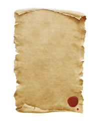 Red wax seal on old paper manuscript or papyrus scroll vertically oriented isolated on white background. - obrazy, fototapety, plakaty