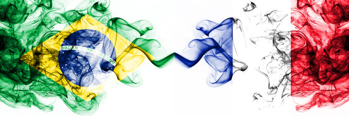 Brazil, Brazilian vs France, French smoky mystic flags placed side by side. Thick colored silky...