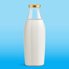 Milk Bottle Isolated on Blue Background. Glass Bottle with Milk. Traditional Old Fashioned Glass Milk Bottle. Mock Up Template Ready For Your Design