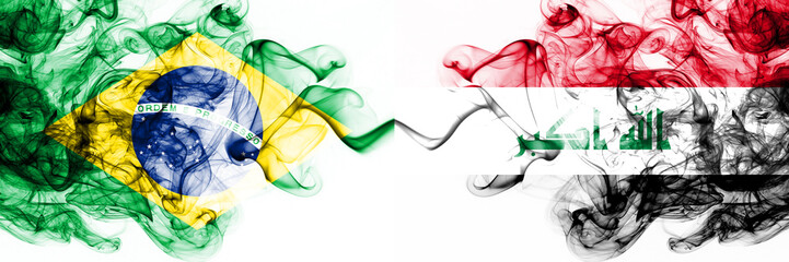 Brazil, Brazilian vs Iraq, Iraqi smoky mystic flags placed side by side. Thick colored silky...