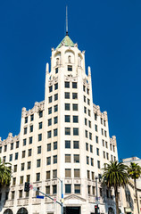 Fototapeta na wymiar Hollywood First National Bank Building, a historic tower in Downtown Los Angeles
