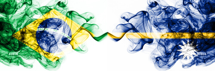 Brazil, Brazilian vs Nauru smoky mystic flags placed side by side. Thick colored silky abstract...