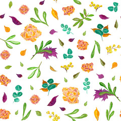 Seamless pattern with roses, leaves and berries, watercolor illustration on a white background