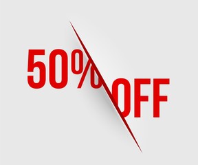 Cut paper. 50 percent off. Half prices Realistic cut with a office knife on paper sheet. Claws animal scratches. Vector incision.