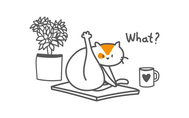 Funny cat is washing on the table with cup and flowers and ask - what? 
