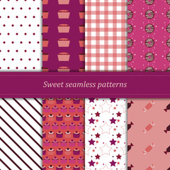 Set seamless backgrounds of sweet and geometric patterns. 